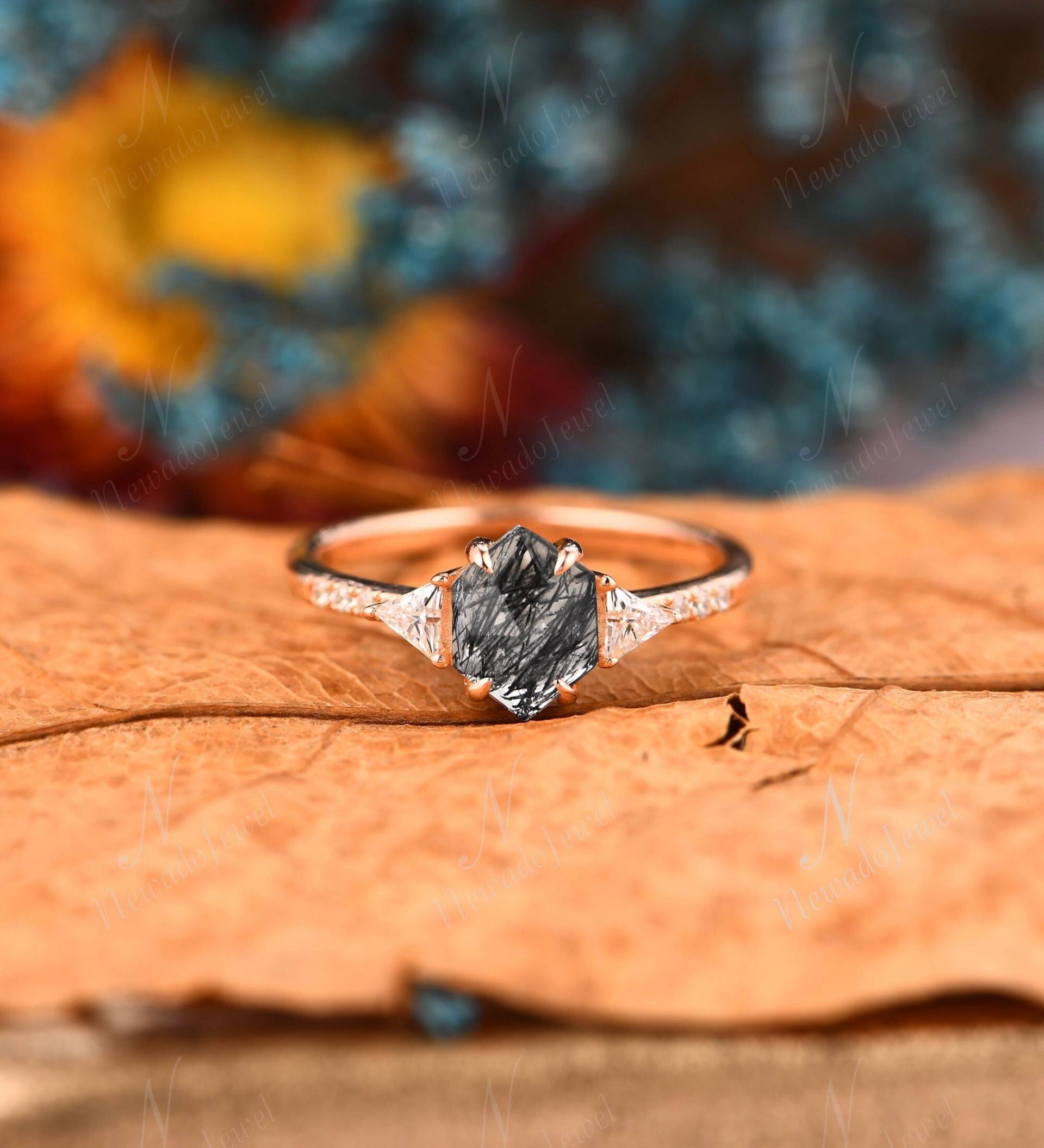 Einzigartiges Set Natürlicher Schwarzer Rutilquarz Ring, Art Deco Hexagon Verlobungsring, Simulierter Diamant Jahrestag Geschenk Für Liebhaber von NewadoJewel