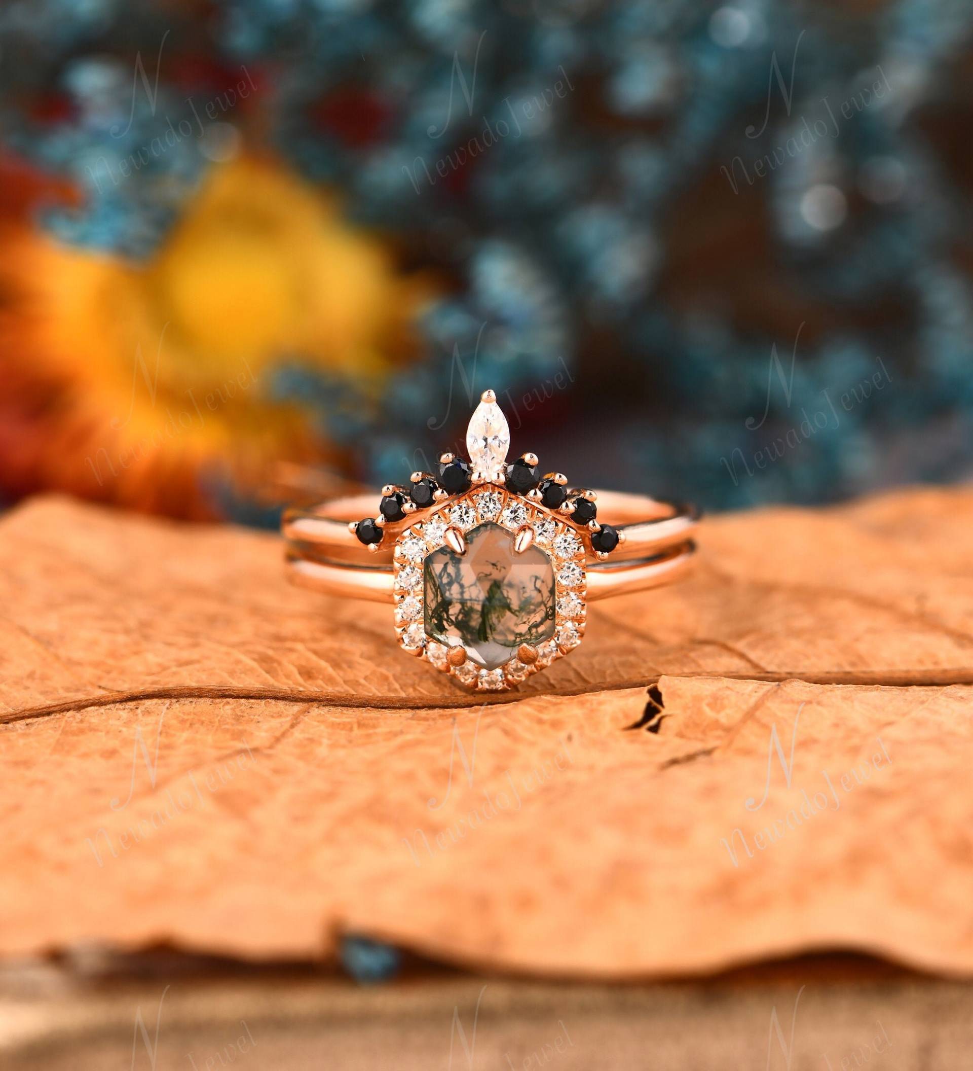 Moos Achat Ring Set, Hexagon Verlobungsring Jahrestag Ringe Für Frauen, Grüner Edelstein Ring, Vintage Art Deco Versprechen Geschenk von NewadoJewel