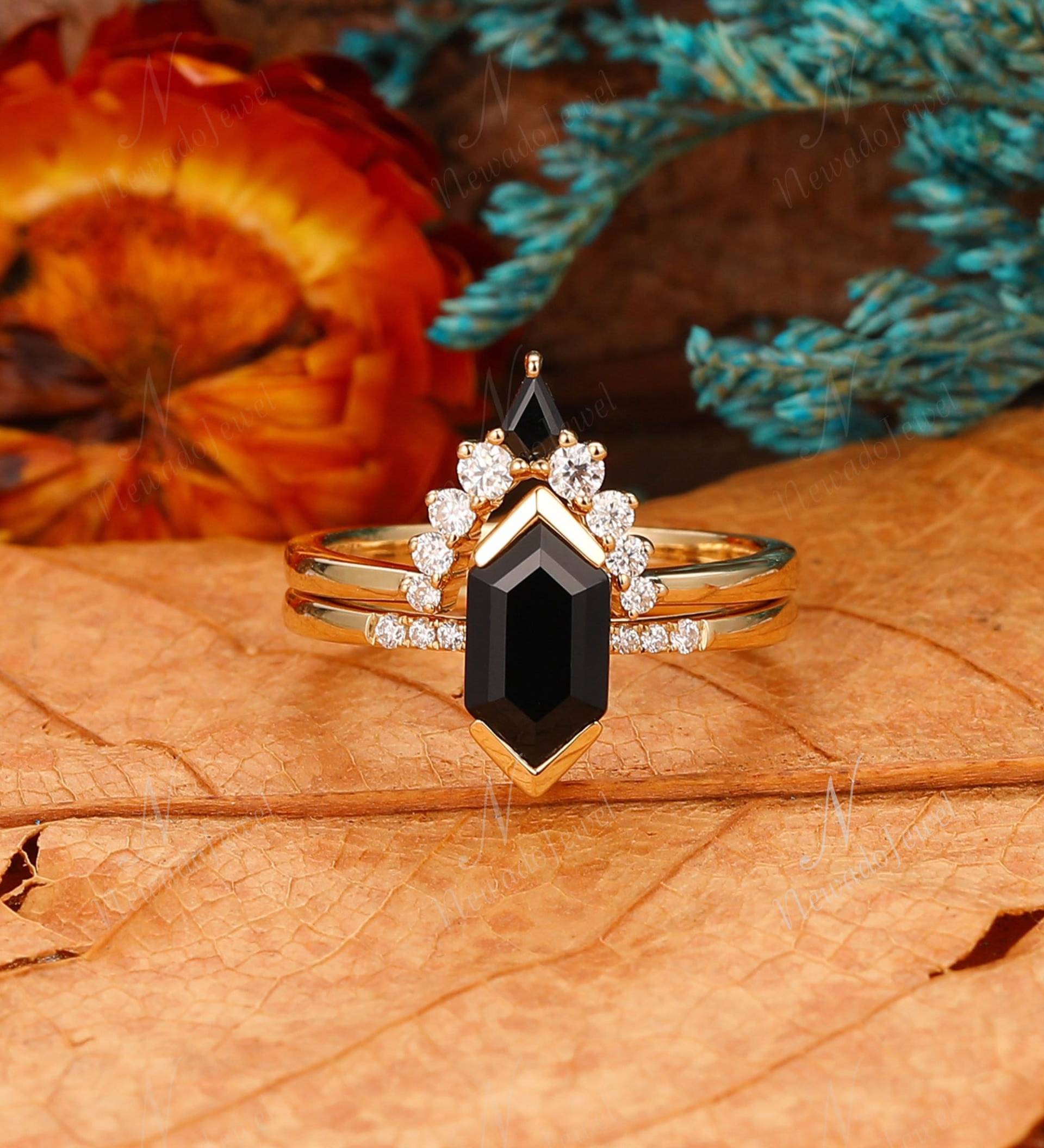 Natürlicher Schwarzer Onyx Verlobungsring Set, Langes Hexagon Versprechensring Zartes Jubiläumsgeschenk, Brautschmuck Für Frauen, Vorschlag Ring von NewadoJewel