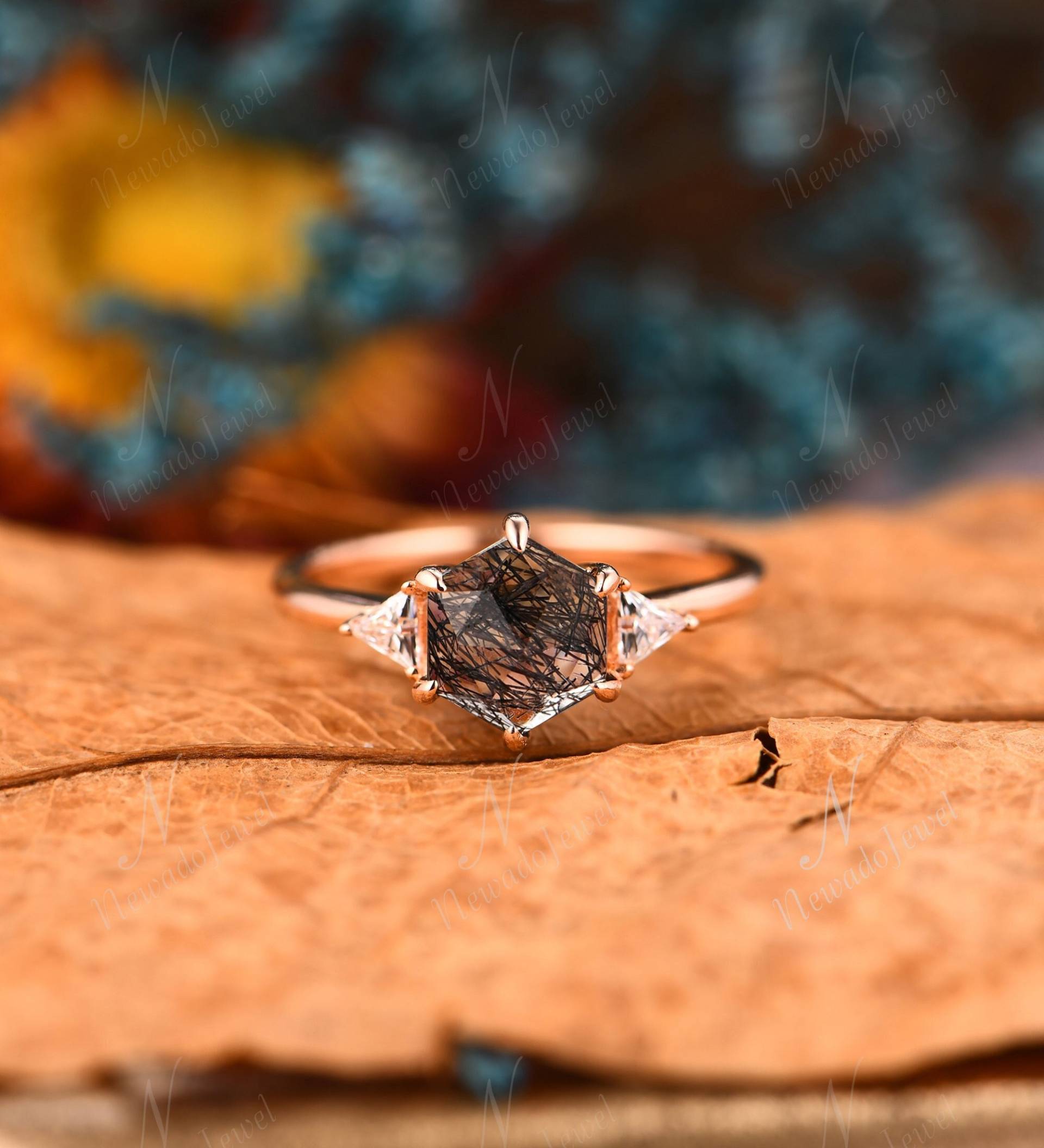 Sechseck Natürlicher Schwarzer Rutilquarz Ring, Vintage Art Deco Drei Stein Verlobungsring, Roségold Versprechen Jubiläumsring, Geburtstagsgeschenk von NewadoJewel