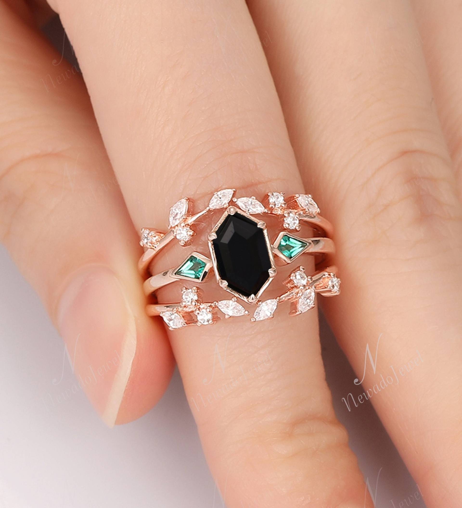 Vintage Hexagon Cut Schwarzer Onyx Verlobungsring Set, Marquise Moissanite Stapelringe, Braut Jahrestagsgeschenk Für Frauen, Edelstein von NewadoJewel