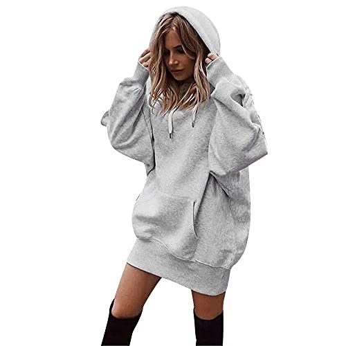 Damen Hoodie Kleid Oversize Große Größen Kapuzenpullover Lang Hoodie Sweatshirt mit Kapuze Elegant Rundhals Hoodies Tops Longsleeve Langarmshirt Herbst Mini Kleid Langarm Training mit Kanga Pocket von Newanna