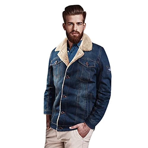 Herren Jeansjacke mit Fell - Slim Fit Winter Dick Warm Denim Jacket Dunkelblau Blau - Männer Vintage Stehkragen Coat Übergangsjacke Freizeitjacke Jeansjacke Teddyfutter Warm Casual Button Down von Newanna