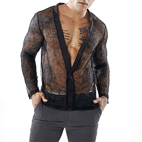 Herren T-Shirt Langarm Club Party Netzhemd Einfarbig Transparent Vintage Longsleeve Unterhemd Erotik Netz Hemd Unterwäsche Dessous Slim Fit Freizeithemd Sexy Casual Bequem Soft von Newanna