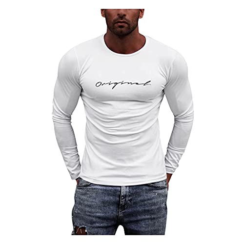 Langarmshirts Herren, Baumwolle Stretch Regular Fit Langarm T-Shirt Weiß Longsleeve Rundhals Sport Sweatshirt Pullover Hoodie Bodybuilding Longshirt Trainingsshirt Weiss Einfarbig Dünn Soft von Newanna