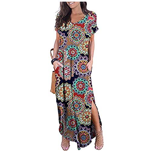 Newbestyle Damen Kleid Maxikleider Damen Freizeitkleider Sommerkleid Lang Damen Kurzarm Kleider mit Taschen (Mehrfarbige Blumen, L) von Newbestyle