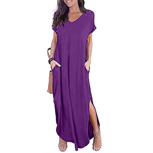 Newbestyle Damen Kleid Maxikleider Damen Freizeitkleider Sommerkleid Lang Damen Kurzarm Kleider mit Taschen (Violett, L) von Newbestyle