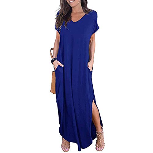 Newbestyle Damen Kleid Maxikleider Damen Freizeitkleider Sommerkleid Lang Damen Kurzarm Kleider mit Taschen (Blau, L) von Newbestyle