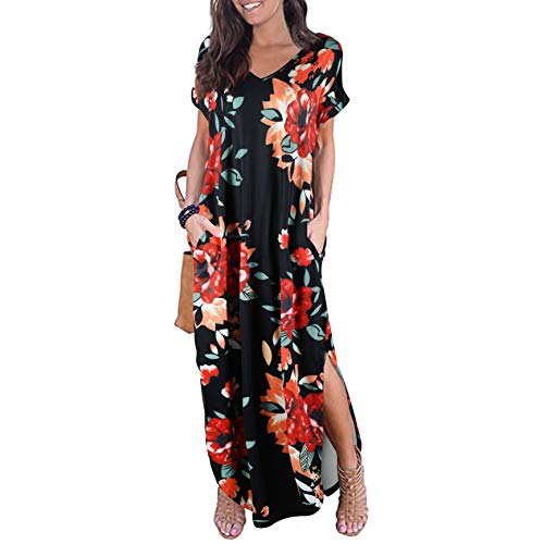 Newbestyle Damen Kleid Maxikleider Damen Freizeitkleider Sommerkleid Lang Damen Kurzarm Kleider mit Taschen (Blume Brau Schwarz, M) von Newbestyle