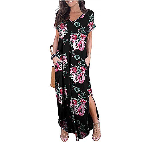 Newbestyle Damen Kleid Maxikleider Damen Freizeitkleider Sommerkleid Lang Damen Kurzarm Kleider mit Taschen (Blume Schwarz, M) von Newbestyle