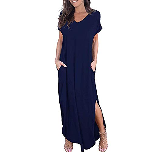 Newbestyle Damen Kleid Maxikleider Damen Freizeitkleider Sommerkleid Lang Damen Kurzarm Kleider mit Taschen (Dunkelblau, M) von Newbestyle