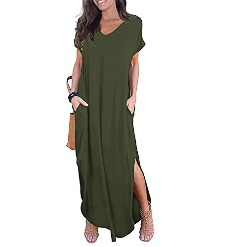 Newbestyle Damen Kleid Maxikleider Damen Freizeitkleider Sommerkleid Lang Damen Kurzarm Kleider mit Taschen (Grün, XL) von Newbestyle