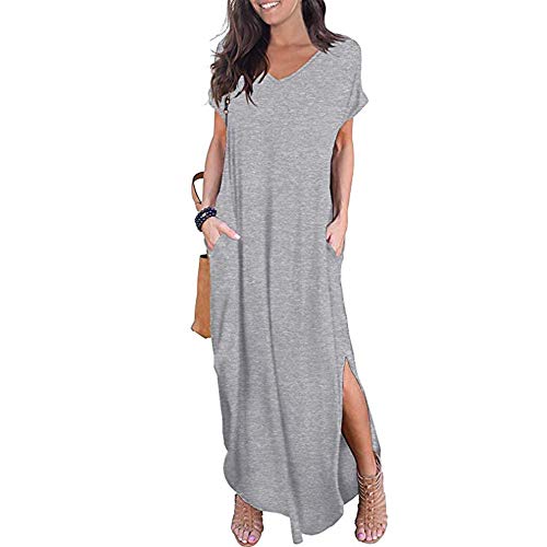 Newbestyle Damen Kleid Maxikleider Damen Freizeitkleider Sommerkleid Lang Damen Kurzarm Kleider mit Taschen (hELLgrau, M) von Newbestyle