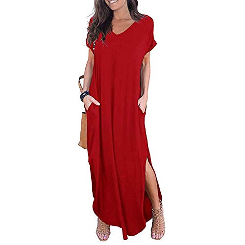 Newbestyle Damen Kleid Maxikleider Damen Freizeitkleider Sommerkleid Lang Damen Kurzarm Kleider mit Taschen (Rot, M) von Newbestyle