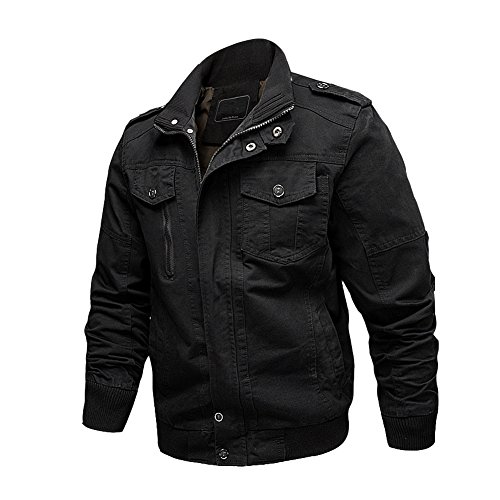 Newbestyle Frühling Herbst Jacke Herren Stehkragen Pilotenjacke Army Jacke Übergangsjacken Baumwolle Bikerjacke mit Reißverschluss, Schwarz, 3XL von Newbestyle