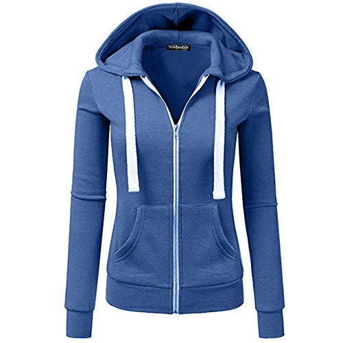 Newbestyle Hoodies für Damen, Farbblock, Kapuzen-Sweatshirt, Basic Reißverschluss, Jersey-Jacke, langärmelig, schmale Passform, Jeansblau, 38 von Newbestyle