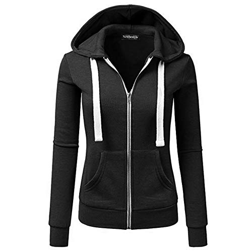 Newbestyle Hoodies für Damen, Farbblock, Kapuzen-Sweatshirt, Basic Reißverschluss, Jersey-Jacke, langärmelig, schmale Passform, Uni Schwarz, 36 von Newbestyle