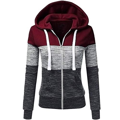 Newbestyle Hoodies für Damen, Farbblock, Kapuzen-Sweatshirt, Basic Reißverschluss, Jersey-Jacke, langärmelig, schmale Passform, dunkelrot, 36 von Newbestyle