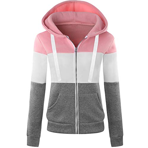 Newbestyle Hoodies für Damen, Farbblock, Kapuzen-Sweatshirt, Basic Reißverschluss, Jersey-Jacke, langärmelig, schmale Passform, rose, 48 von Newbestyle