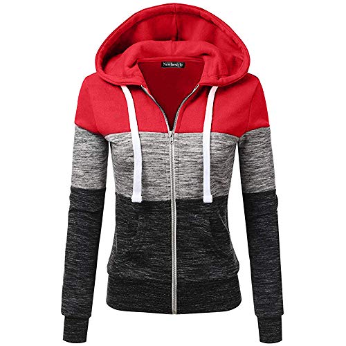 Newbestyle Hoodies für Damen, Farbblock, Kapuzen-Sweatshirt, Basic Reißverschluss, Jersey-Jacke, langärmelig, schmale Passform, rot / schwarz, 48 von Newbestyle