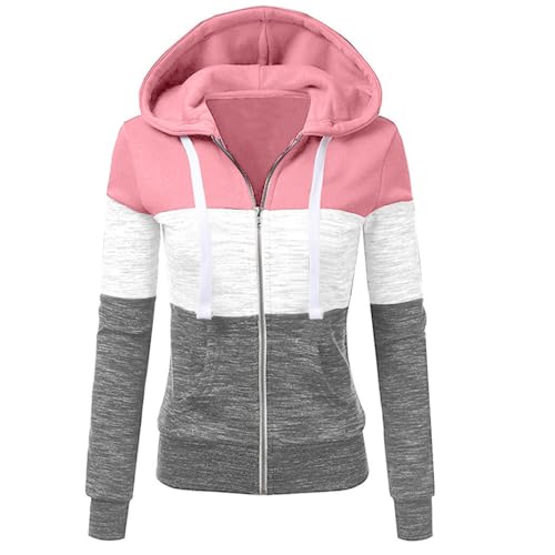 Newbestyle Hoodies für Frauen Color Block Kapuzen-Sweatshirt Basic Reißverschluss Jersey Jacke Langarm Slim Fit Top, rose, 50 von Newbestyle