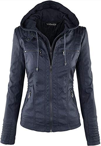 Newbestyle Jacke Damen Lederjacke Frauen Tops Kunstleder Mantel Casual Übergangsoberteil,dark blue,L von Newbestyle