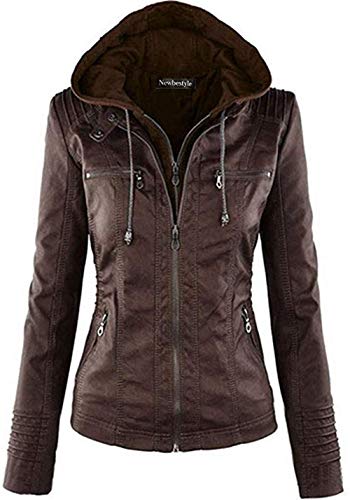 Newbestyle Jacke Damen Lederjacke Frauen mit Zip V Ausschnitt Kunstleder Bikerjacke Jacket Casual Übergangsjacke (Normale EU-Größe), Dunklebraun, XXL/46 von Newbestyle