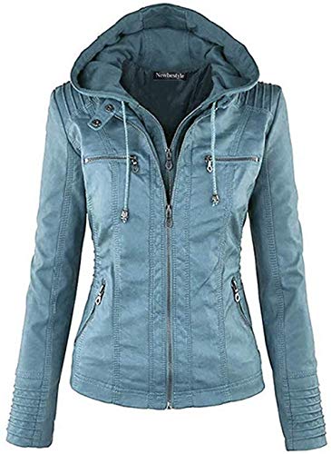Newbestyle Jacke Damen Lederjacke Frauen mit Zip V Ausschnitt Kunstleder Bikerjacke Jacket Casual Übergangsjacke (Normale EU-Größe), Himmelblau, XL/44 von Newbestyle