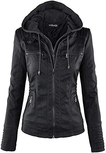 Newbestyle Jacke Damen Lederjacke Frauen mit Zip V Ausschnitt Kunstleder Bikerjacke Jacket Casual Übergangsjacke (Normale EU-Größe), Schwarz, L/42 von Newbestyle