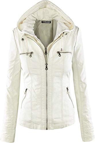 Newbestyle Jacke Damen Lederjacke Frauen mit Zip V Ausschnitt Kunstleder Bikerjacke Jacket Casual Übergangsjacke (Normale EU-Größe), Weiß, L/42 von Newbestyle