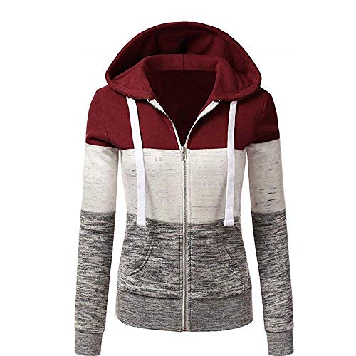 Newbestyle Jacke Damen Sweatjacke Hoodie Sweatshirt Pullover Oberteile Kapuzenpullover V Ausschnitt Patchwork Pulli mit Kordel und Zip (Weinrot, 2X-Large) von Newbestyle