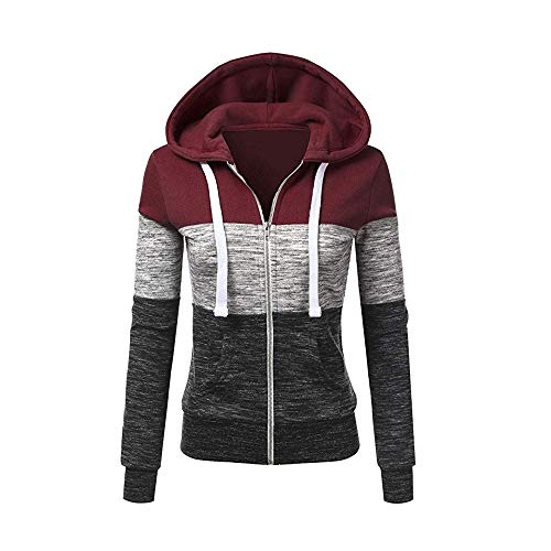 Newbestyle Jacke Damen Sweatjacke Hoodie Sweatshirt Pullover Oberteile Kapuzenpullover V Ausschnitt Patchwork Pulli mit Kordel und Zip Rotgrau-XXL von Newbestyle