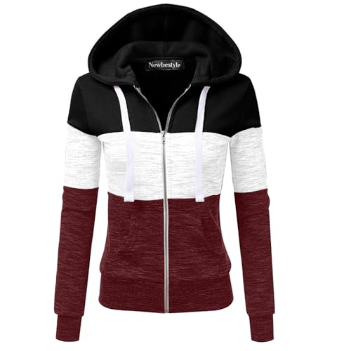 Newbestyle Jacke Damen Sweatjacke Hoodie Sweatshirtjacke Pullover Oberteile Kapuzenpullover,Schwarz-weiß-rot,S von Newbestyle