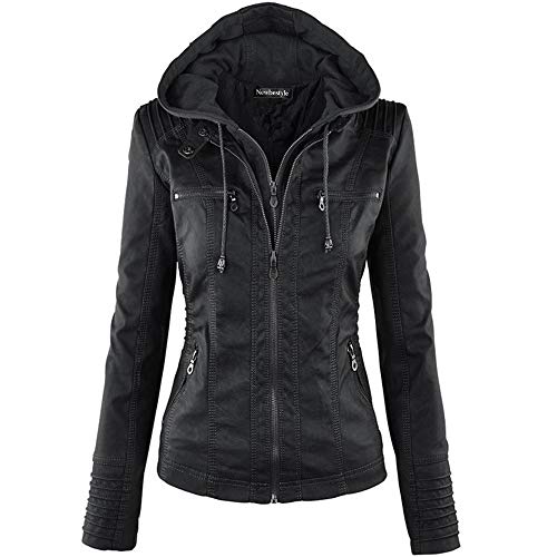 Newbestyle Kapuzen Kunstleder Damen Jacke mit Reißverschluss Motorradjacke Bikerjacke Kapuzenjacke Übergangsjacke Ladies Oberbekleidung (Normale EU-Größe)- Gr. M/40, Schwarz von Newbestyle