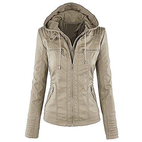 Newbestyle Kapuzen Kunstleder Damen Jacke mit Reißverschluss Motorradjacke Bikerjacke Kapuzenjacke Übergangsjacke Ladies Oberbekleidung (Normale EU-Größe) (khaki, XXL/46) von Newbestyle