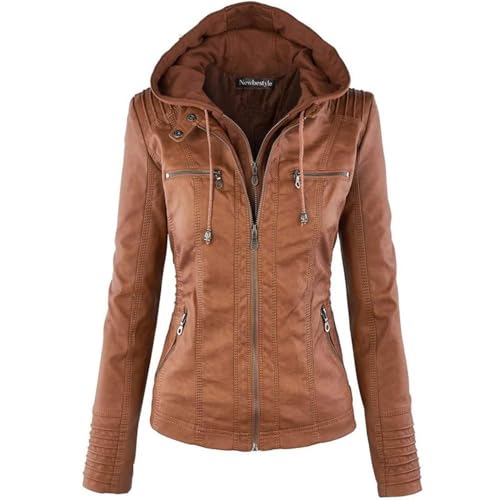 Newbestyle Kapuzen Kunstleder Damen Jacke mit Reißverschluss Motorradjacke Bikerjacke Kapuzenjacke Übergangsjacke Ladies Oberbekleidung (Normale EU-Größe)- Gr. XXL/46, Braun von Newbestyle