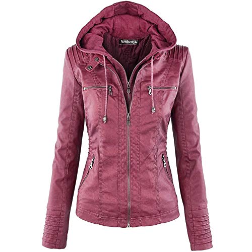Newbestyle Kunstleder Damen Jacke Motorradjacke Mantel mit Kapuzen Fraun Oberbekleidung,burgundy red,XL von Newbestyle