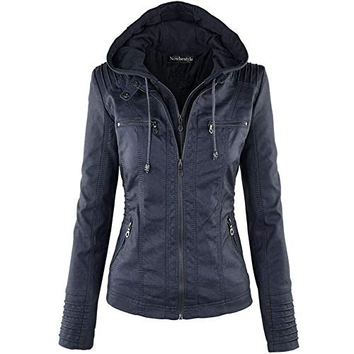 Newbestyle Kunstleder Damen Jacke Motorradjacke Mantel mit Kapuzen Fraun Oberbekleidung,dark blue,L von Newbestyle