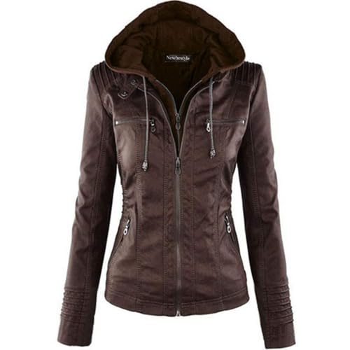 Newbestyle Kunstleder Damen Jacke Motorradjacke Mantel mit Kapuzen Fraun Oberbekleidung,dark brown,XL von Newbestyle