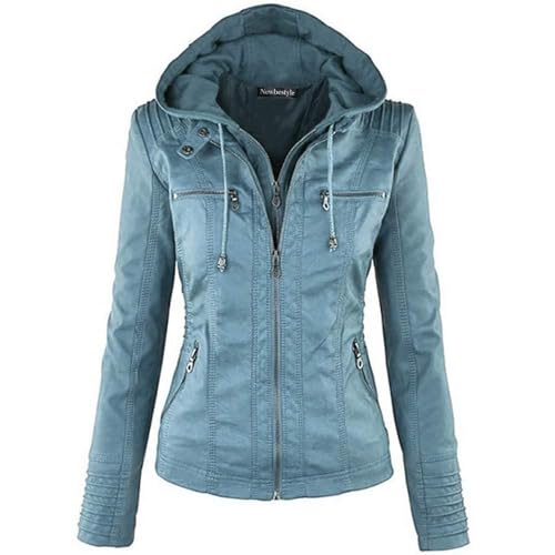 Newbestyle Kunstleder Damen Jacke Motorradjacke Mantel mit Kapuzen Fraun Oberbekleidung,sky blue,3XL von Newbestyle