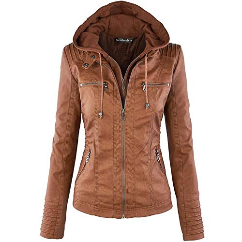 Newbestyle Lederjacke für Damen, Reißverschluss, Mantel mit Kapuze, kurz, braun, 36 Newbestyle Lederjacke für Damen, Reißverschluss, Mantel mit Kapuze, kurz, braun, 36 von Newbestyle