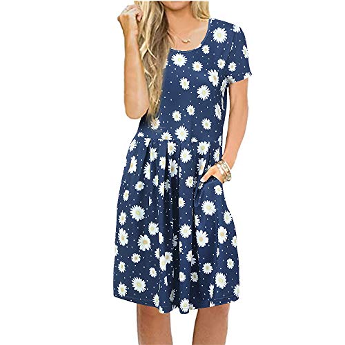 Newbestyle Sommerkleid Damen Tunika Tshirt Kleid Midikleid Kurzarm Plissee Swing Blumen Strandkleid Sommerkleider Damen Knielang mit Taschen (Blume 12,XL) von Newbestyle