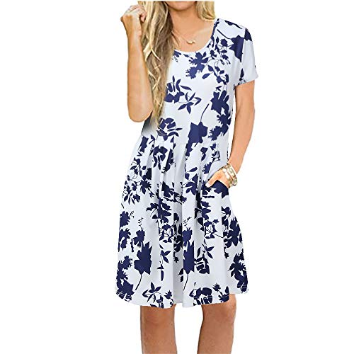 Newbestyle Sommerkleid Damen Tunika Tshirt Kleid Midikleid Kurzarm Plissee Swing Blumen Strandkleid Sommerkleider Damen Knielang mit Taschen (Blume 4,L) von Newbestyle