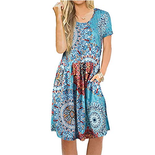 Newbestyle Sommerkleid Damen Tunika Tshirt Kleid Midikleid Kurzarm Plissee Swing Blumen Strandkleid Sommerkleider Damen Knielang mit Taschen von Newbestyle