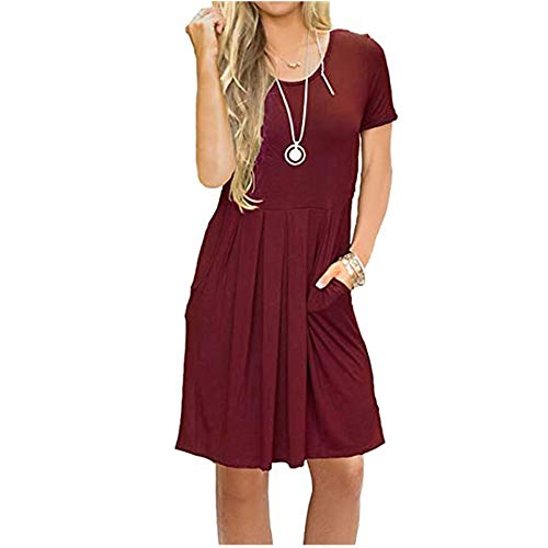 Newbestyle Sommerkleid Damen Tunika Tshirt Kleid Midikleid Kurzarm Plissee Swing Blumen Strandkleid Sommerkleider Damen Knielang mit Taschen (Weinrot,L) von Newbestyle