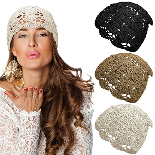 3 Stück Damen Häkelmütze Slouchy Beanie Mütze Handmade Knit Cutout Frauen Floral Skull Cap Dehnbare Strickmütze Leicht Strick für Frauen Khaki Schwarz und Weiß, Khaki, Schwarz, Weiß, Einheitsgröße von Newcotte