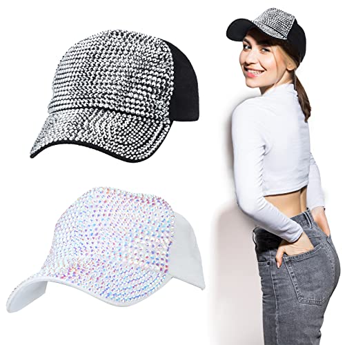 Newcotte 2 Stück glitzernde Baseballkappe für Damen und Herren, mit Nieten, Strass-Baseballkappe, einfarbig, Pferdeschwanz, Kristalle, schwarz und weiß, Einheitsgröße von Newcotte