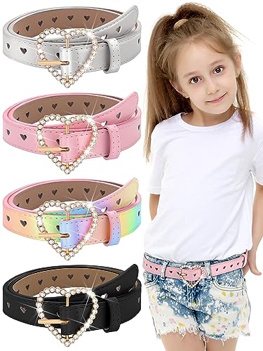 Newcotte 4 Pcs Mädchen Gürtel Kinder Leder Gürtel Taille Gürtel Strass Herz Metall Schnalle, Schwarz, Regenbogen, Silber, Pink, 22-26 Inch von Newcotte