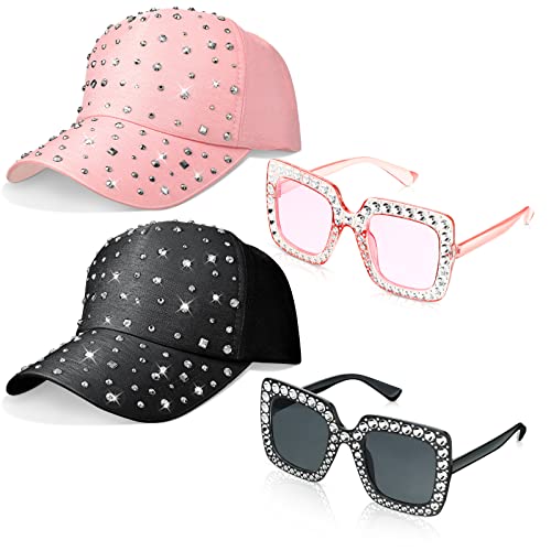 Newcotte 4 Stück verstellbare, atmungsaktive Strass-Baseballkappen und übergroße Strass-Sonnenbrille für Damen und Herren, lässige Sportkappe, Hauptsächlich Rosa und Schwarz, Einheitsgröße von Newcotte