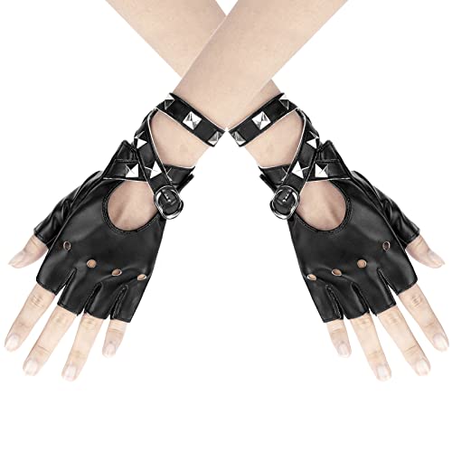 1 Paar Punk Handschuhe Nieten Halbfinger Handschuhe Fingerlose Rock Handschuhe Damen Mädchen Lederhandschuhe für Tanz, Hip Hop, Performance, Pole Dance, Cosplay, Party (Schwarz) von Newellsail